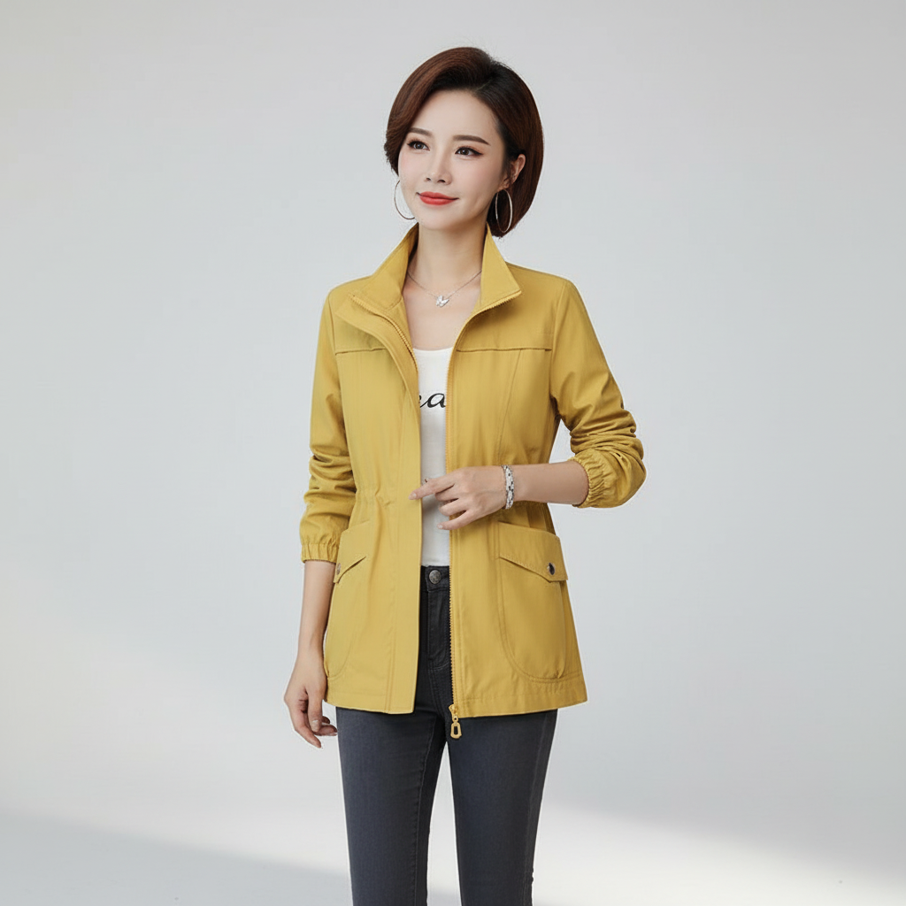 Detailed shot of the stand-up collar on the Flora women's transitional jacket, high quality