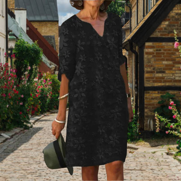 Relaxed fit floral appliqué midi dress for women, featuring a notch neck & 3/4 sleeves for summer comfort.