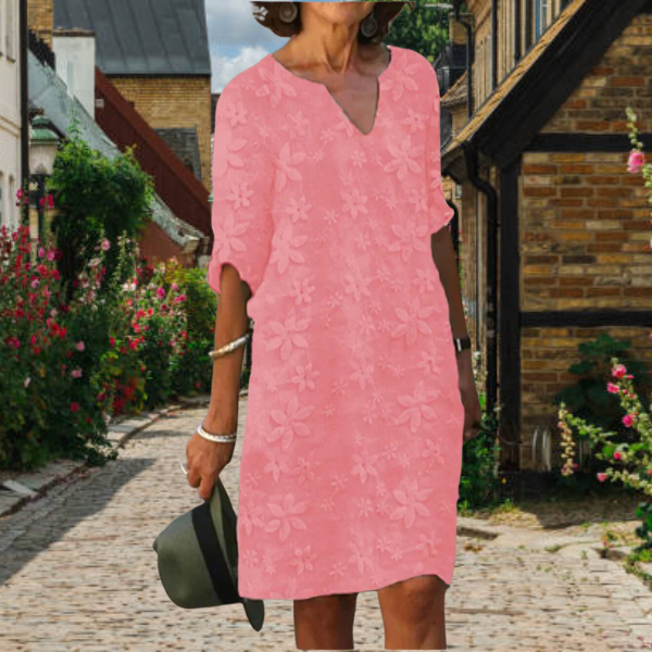 Elegant casual women's floral appliqué midi dress with notch neck & 3/4 sleeves. Versatile summer fashion.