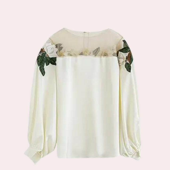 Long sleeve women's floral beige blouse, made of polyester, relaxed fit