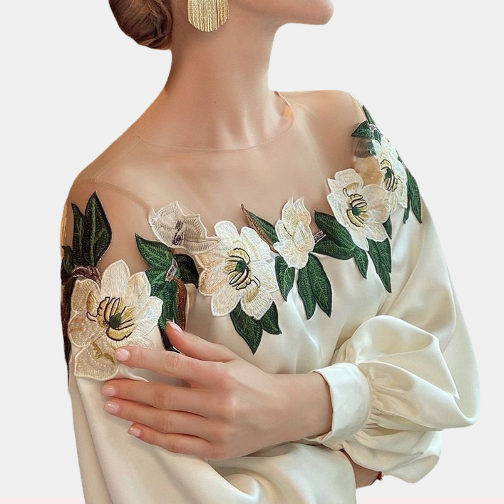Casual floral print beige blouse for women, polyester, perfect for spring
