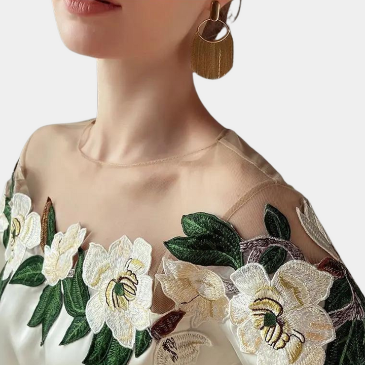 Beige polyester floral blouse for women, long sleeve, casual and chic