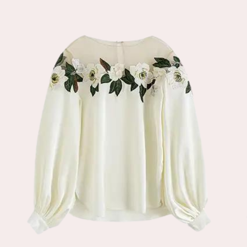 Comfortable beige women's floral blouse, loose fit, great for everyday style