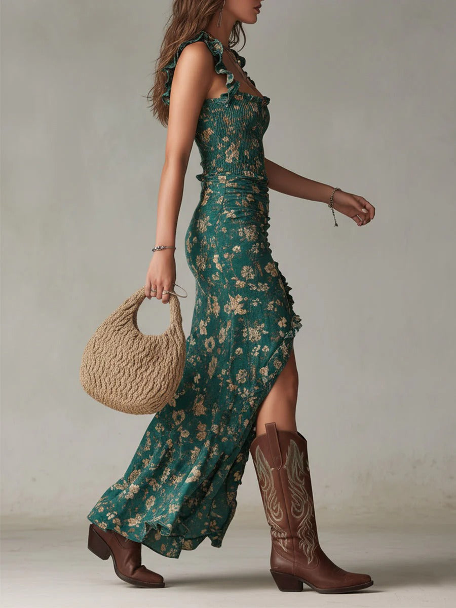 Bohemian floral maxi dress for summer vacation, features a high slit and delicate ruffle straps.
