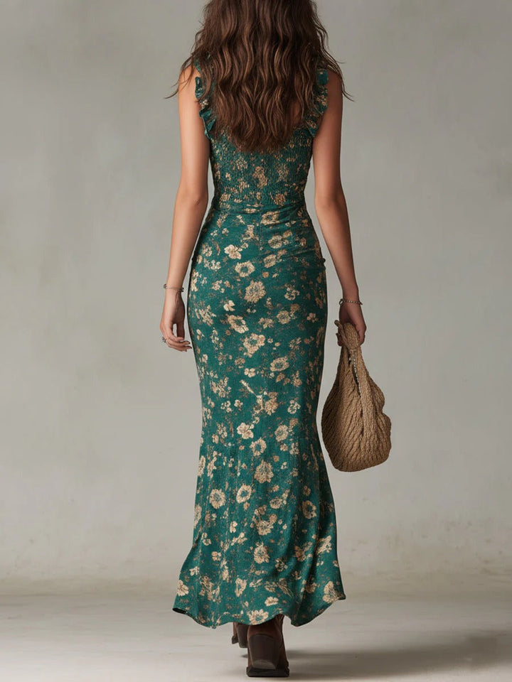 Long floral summer dress for women with ruffle straps, perfect for beach parties and boho style.