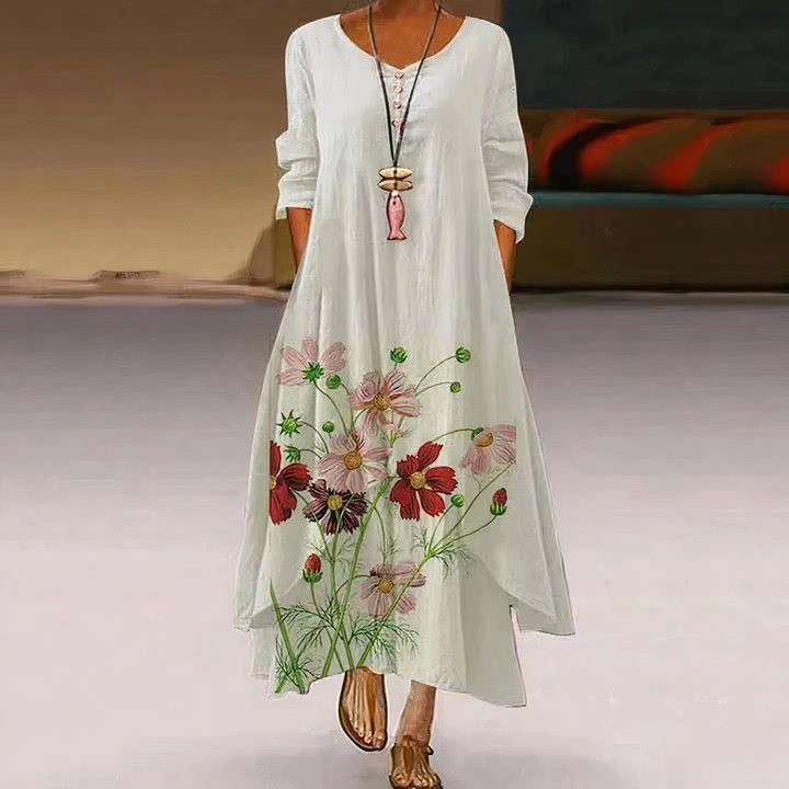 Women's floral border print long sleeve oversized maxi dress, perfect for spring casual wear.