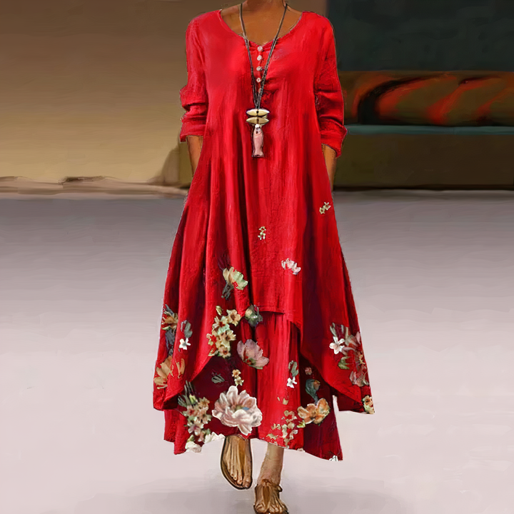 Elegant V-neck floral print maxi dress with long sleeves & button placket. Perfect for spring/summer fashion.