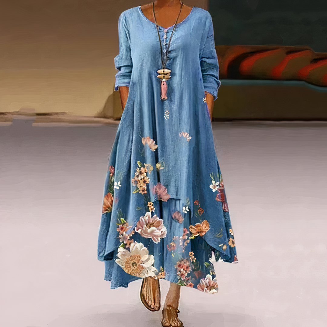Casual women's oversized long sleeve maxi dress featuring a beautiful floral border print, comfortable fit.