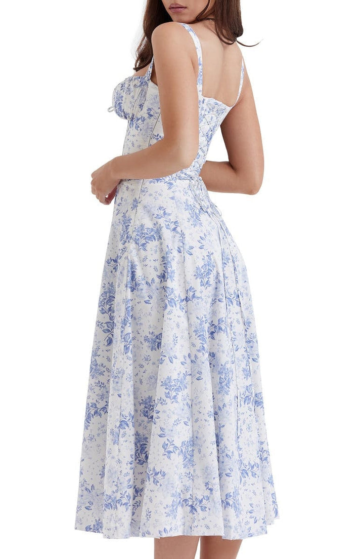 Beautiful floral bustier maxi dress for women, featuring an elegant waist shaper.