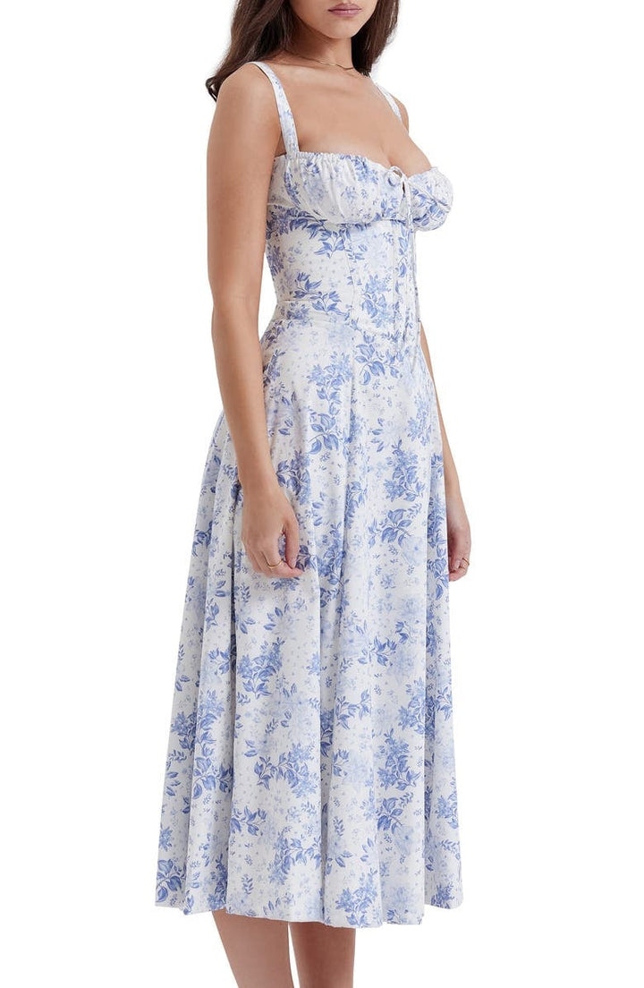 Summer party floral dress, bustier design with lace-up back for a perfect fit.
