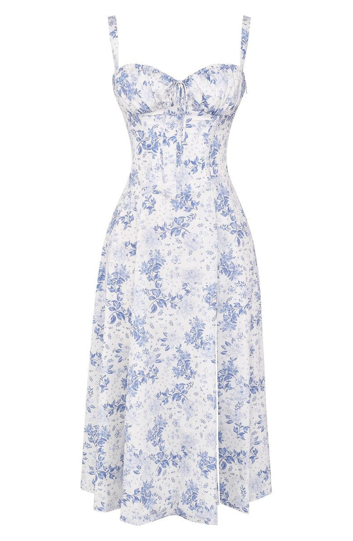 Vibrant floral print bustier dress, perfect for summer parties with its waist shaper.