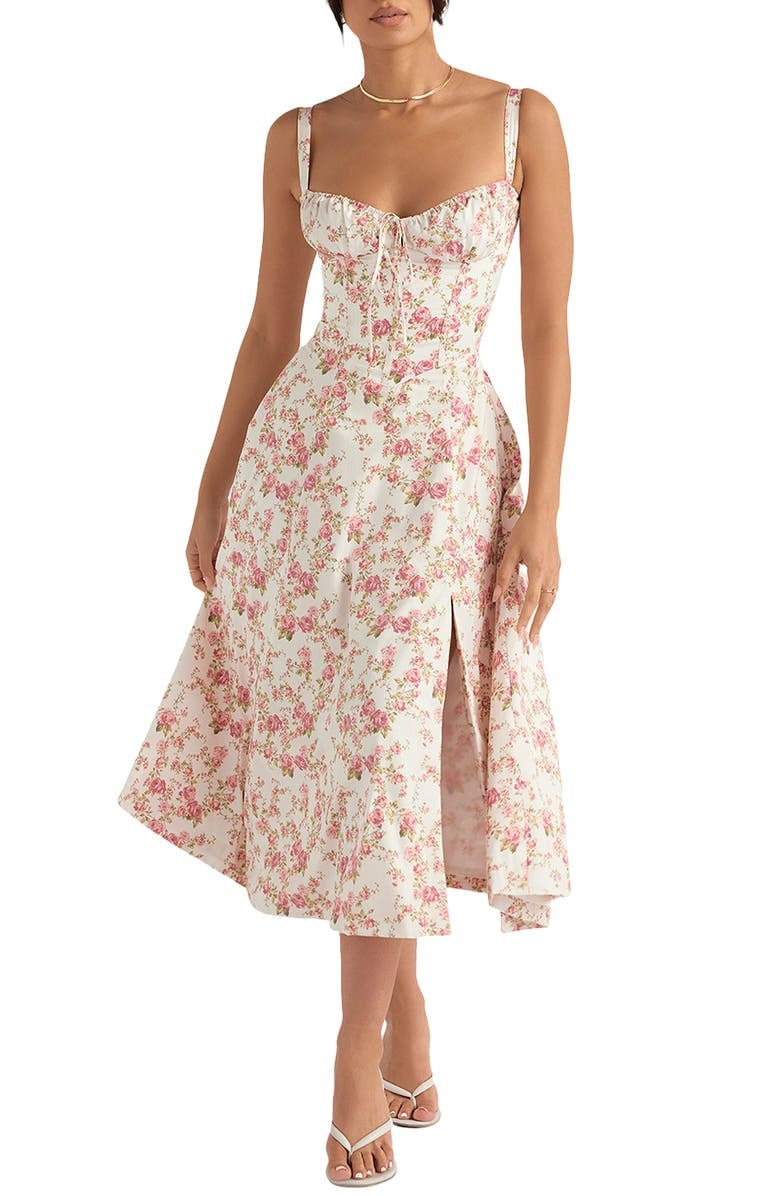 Floral occasion maxi dress for women, a bustier design with a flattering waist shaper.