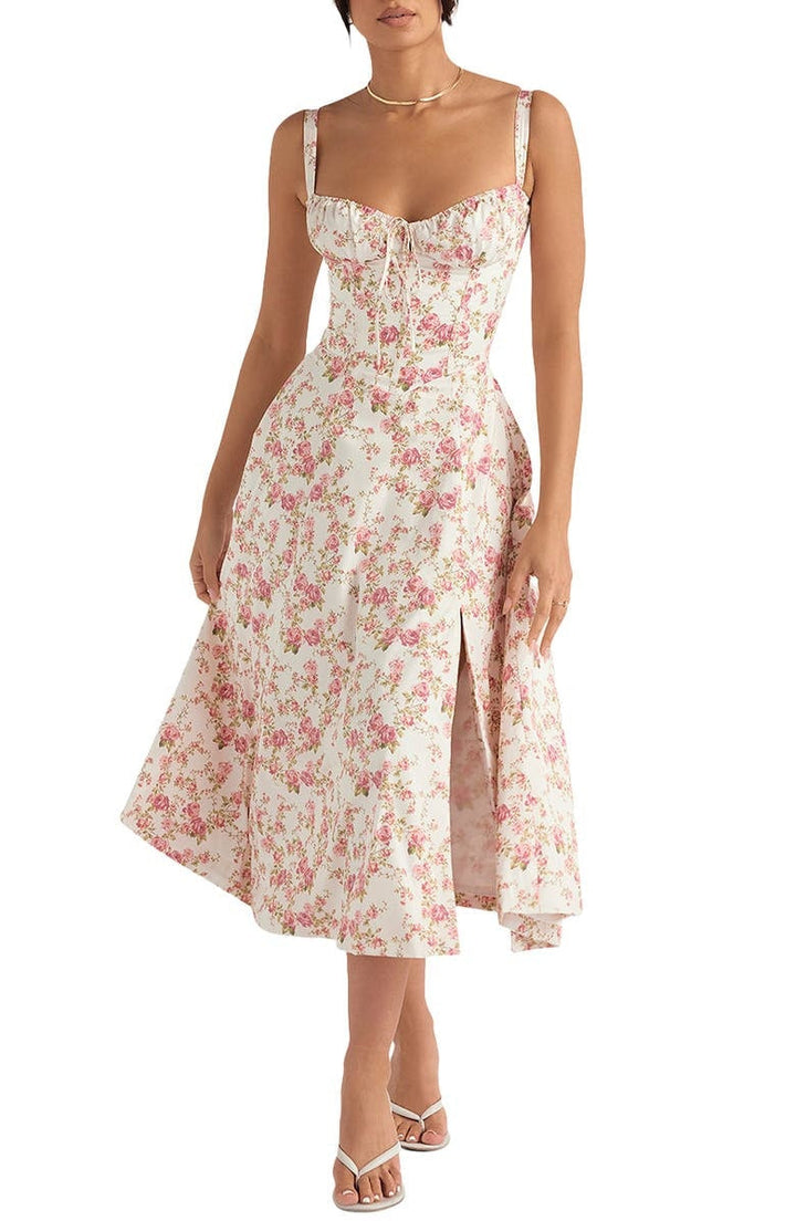 Floral occasion maxi dress for women, a bustier design with a flattering waist shaper.