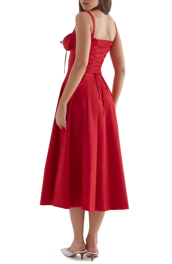 Elegant floral bustier midi dress for women, featuring a sweetheart neckline & waist shaper.