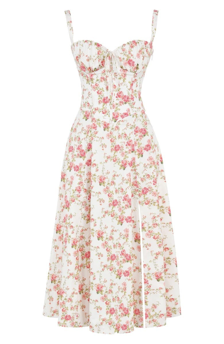 Sleeveless floral bustier midi dress, ideal for women's summer parties & elegant events.