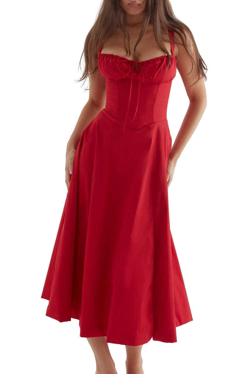 Summer party dress: Women's floral bustier with lace-up back & flattering waist cinching.