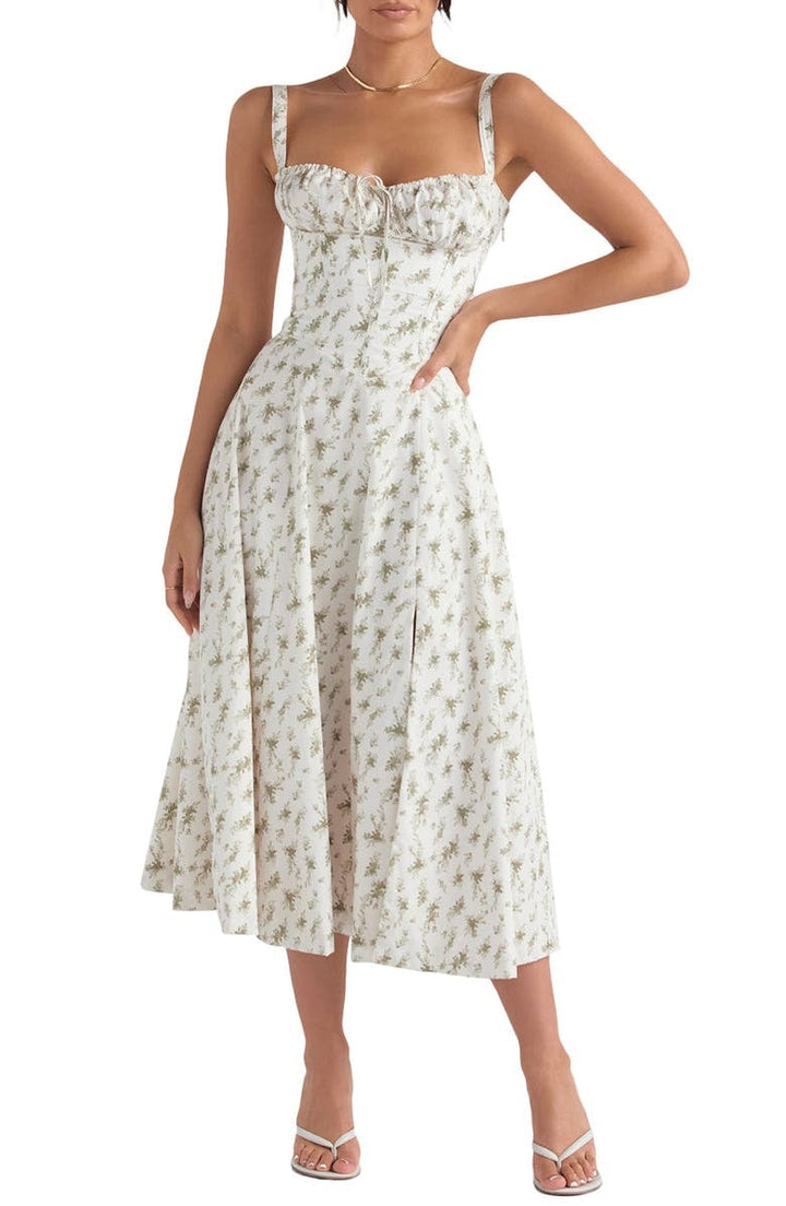 Floral print bustier maxi dress with waist cinching, a stylish choice for summer.