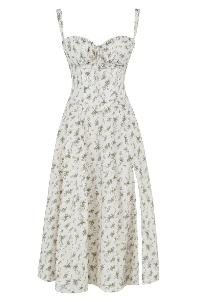 Chic floral bustier midi dress, perfect for women seeking an elegant summer party outfit.