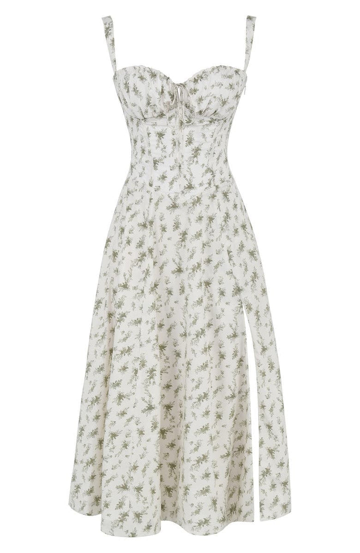 Chic floral bustier midi dress, perfect for women seeking an elegant summer party outfit.