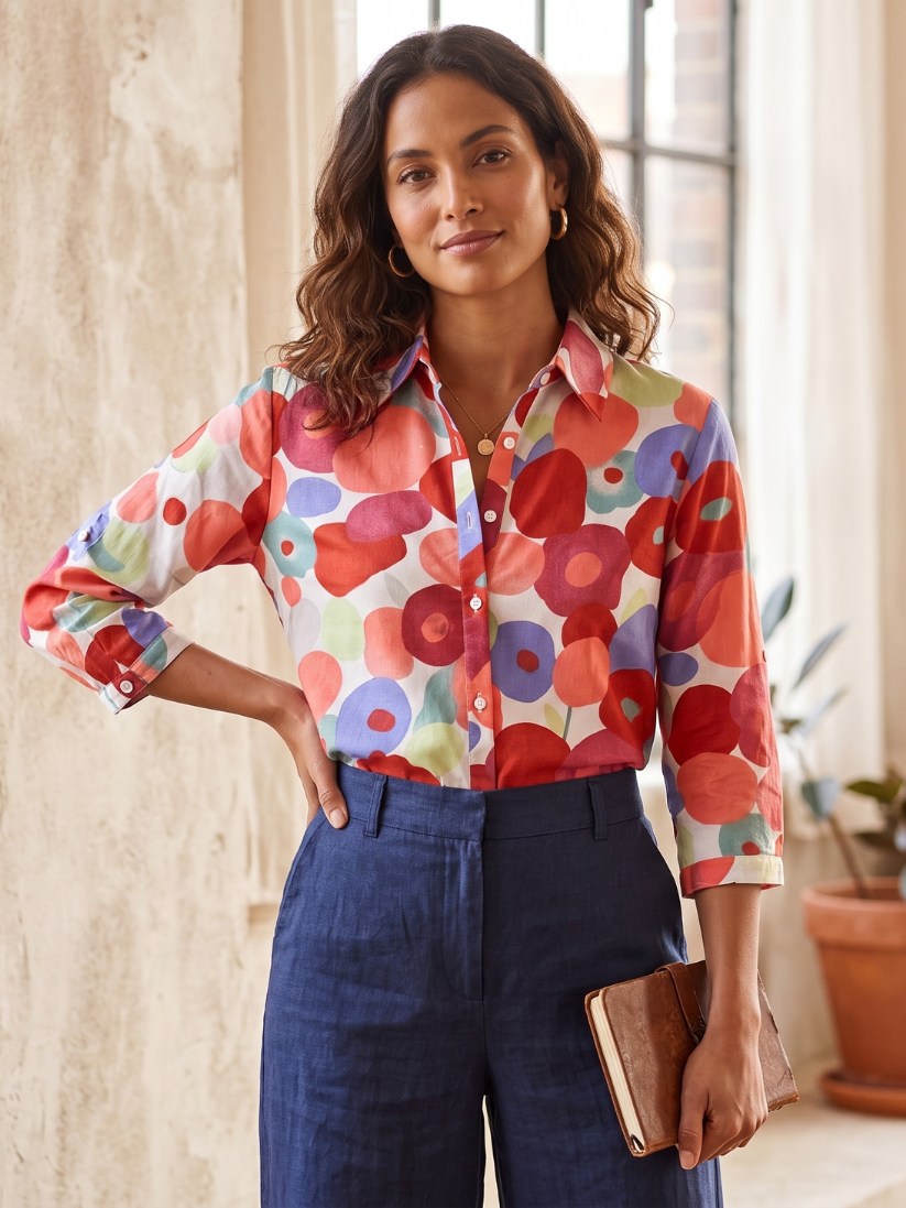 Elegant women's floral button-down blouse with roll-tab sleeves, a comfortable and versatile spring/summer top.