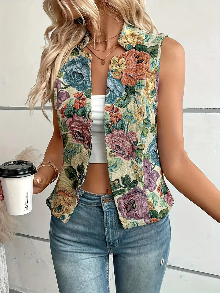 Chic women's floral knit cardigan with buttons, a versatile long-sleeve top for casual elegant wear.