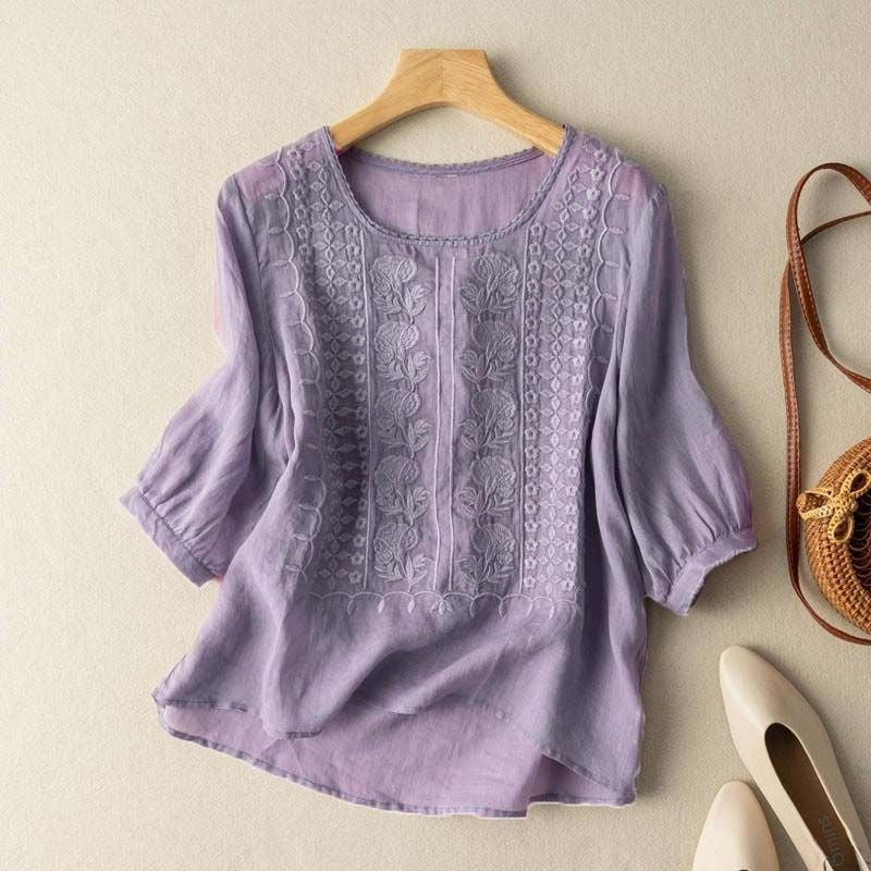 Elegant women's long-sleeve floral embroidered blouse; perfect for spring & summer casual outfits.