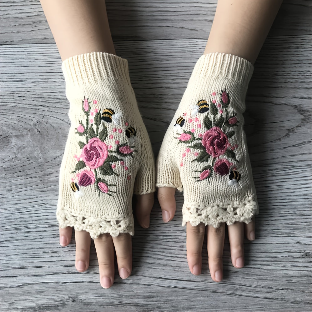 Women's floral embroidered fingerless knit gloves, a chic autumn/winter accessory.