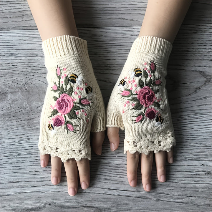 Women's floral embroidered fingerless knit gloves, a chic autumn/winter accessory.
