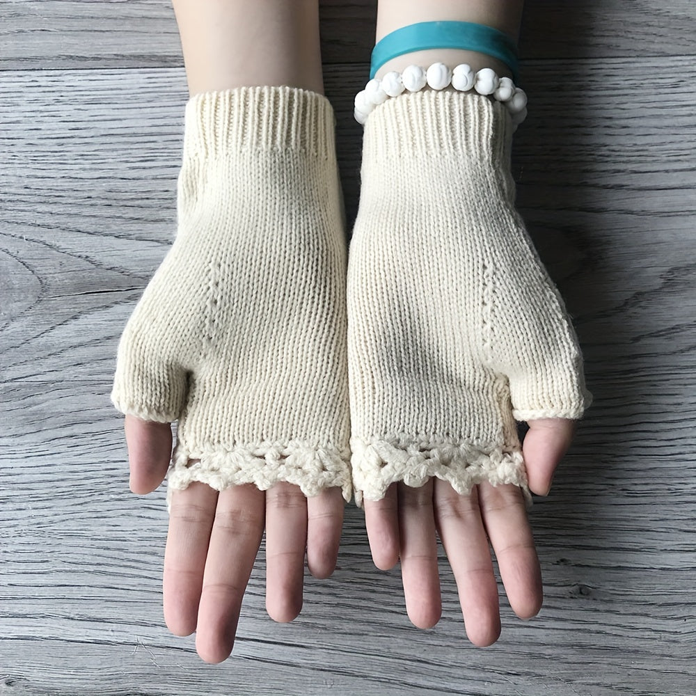 Stylish women's knit fingerless gloves with intricate floral embroidery, perfect for fall and winter.