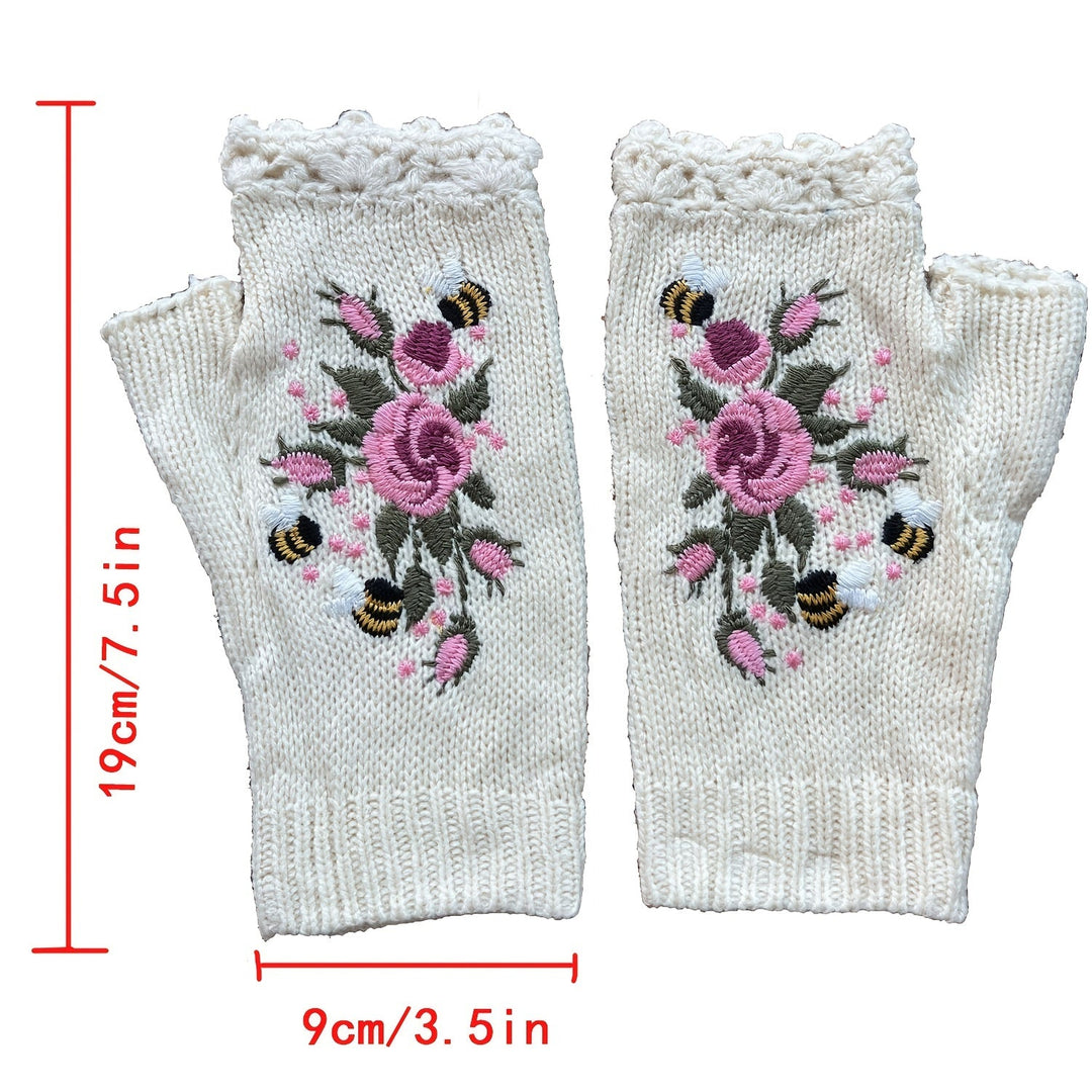 Fashionable women's autumn fingerless gloves, adorned with delicate floral embroidery design.