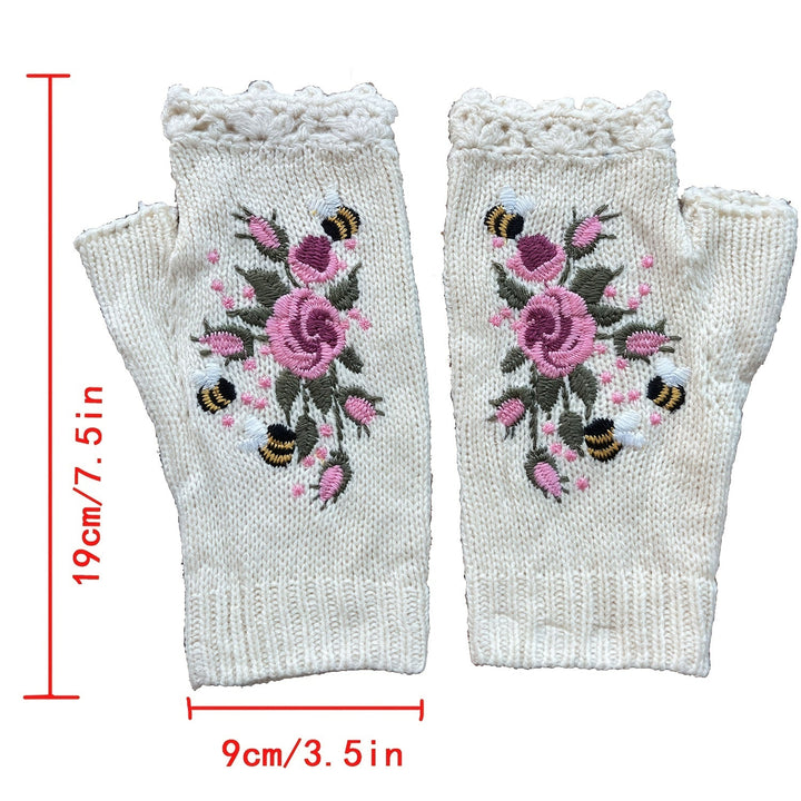Fashionable women's autumn fingerless gloves, adorned with delicate floral embroidery design.