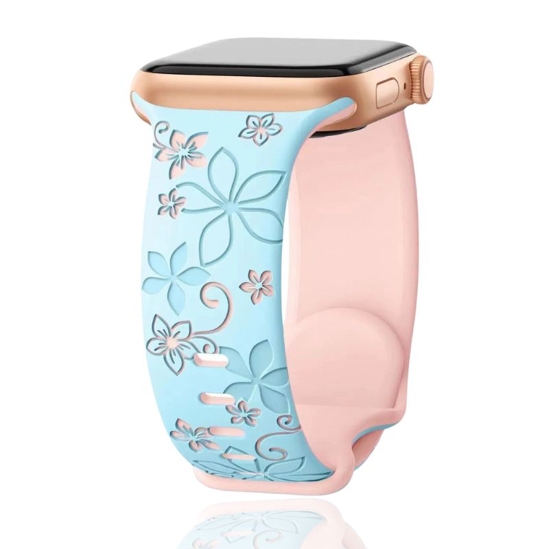 Elegant women's floral engraved silicone smartwatch band. A stylish accessory with intricate design.