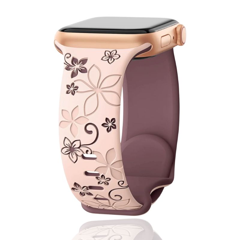 Vibrant women's floral engraved silicone smartwatch band. A fashionable & colorful accessory for any occasion.