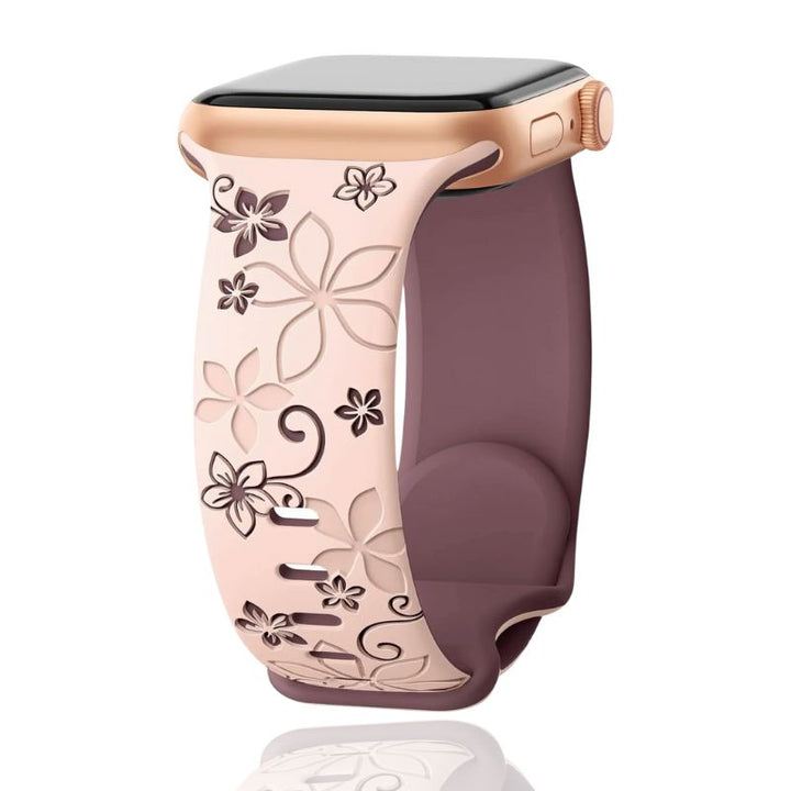 Vibrant women's floral engraved silicone smartwatch band. A fashionable & colorful accessory for any occasion.