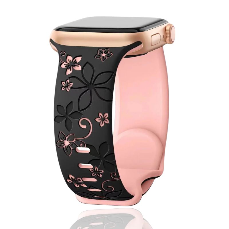 Durable & water-resistant women's floral engraved silicone smartwatch band, ideal for active lifestyles.