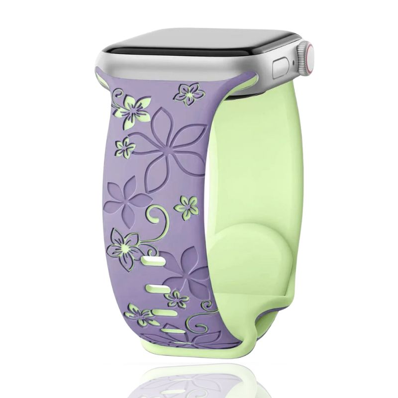Customizable women's floral engraved silicone smartwatch band. Enhance your smartwatch with this elegant accessory.