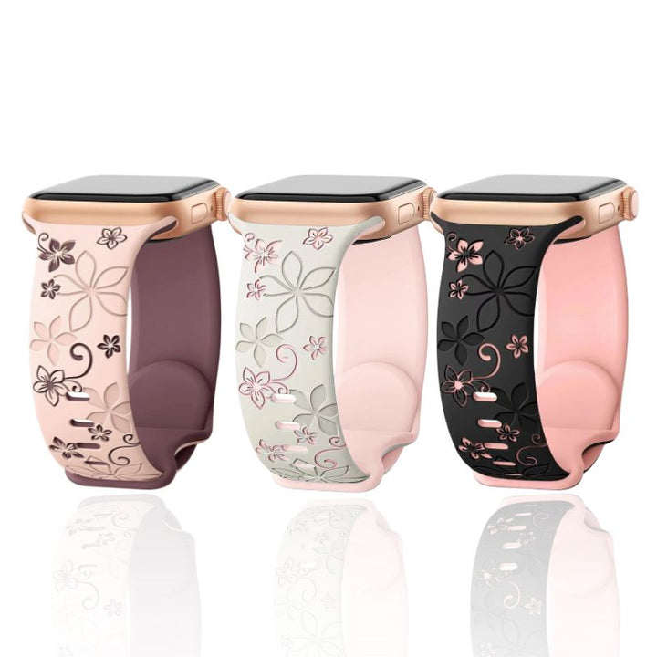 Hypoallergenic women's floral engraved silicone smartwatch band. Comfortable, safe, and elegant for sensitive skin.