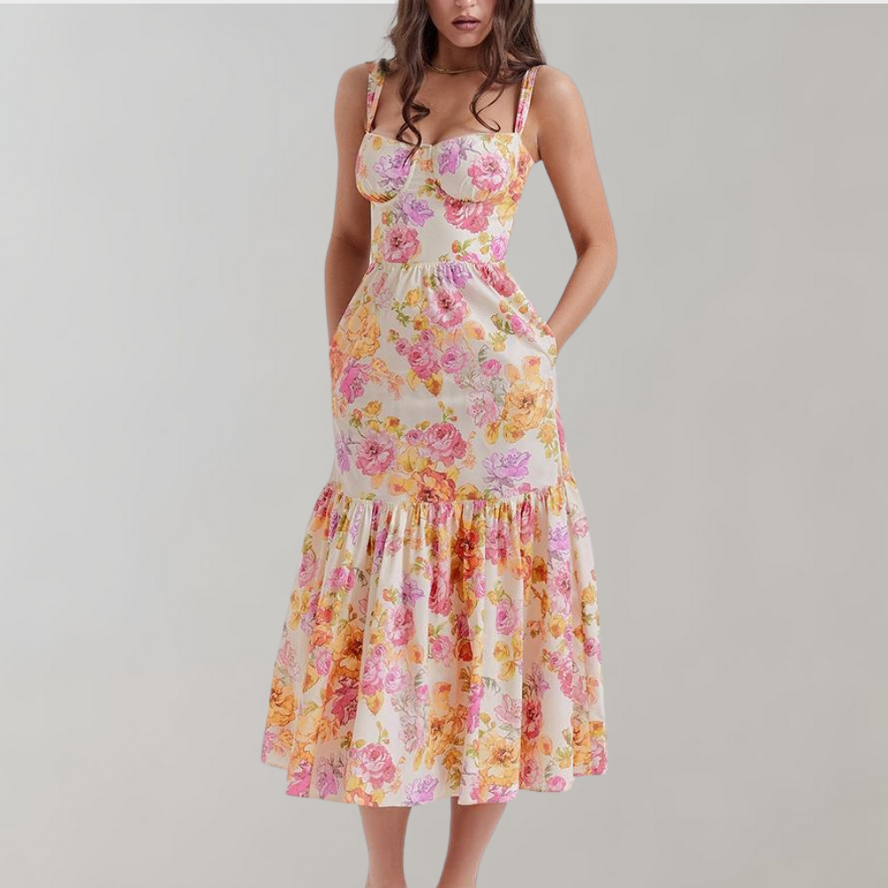 Elegant women's floral midi dress in a flared style, ideal for summer occasions