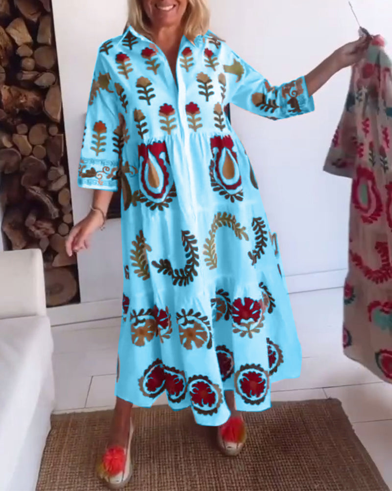 Relaxed fit women's a-line midi dress featuring an eye-catching floral graphic print.