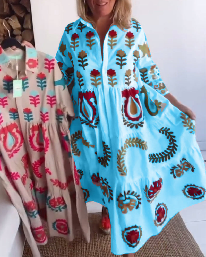 Elegant women's floral graphic midi dress, perfect for summer vacation or day wear.