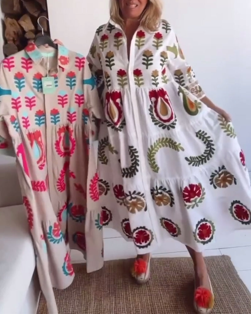 Chic women's floral graphic midi dress, a versatile summer day dress with a flowy feel.