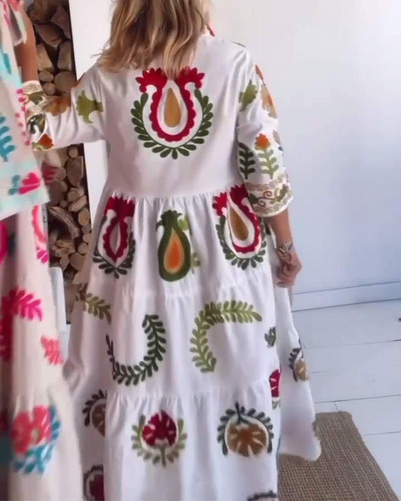 Comfortable relaxed fit women's floral midi dress with graphic print, suitable for summer.