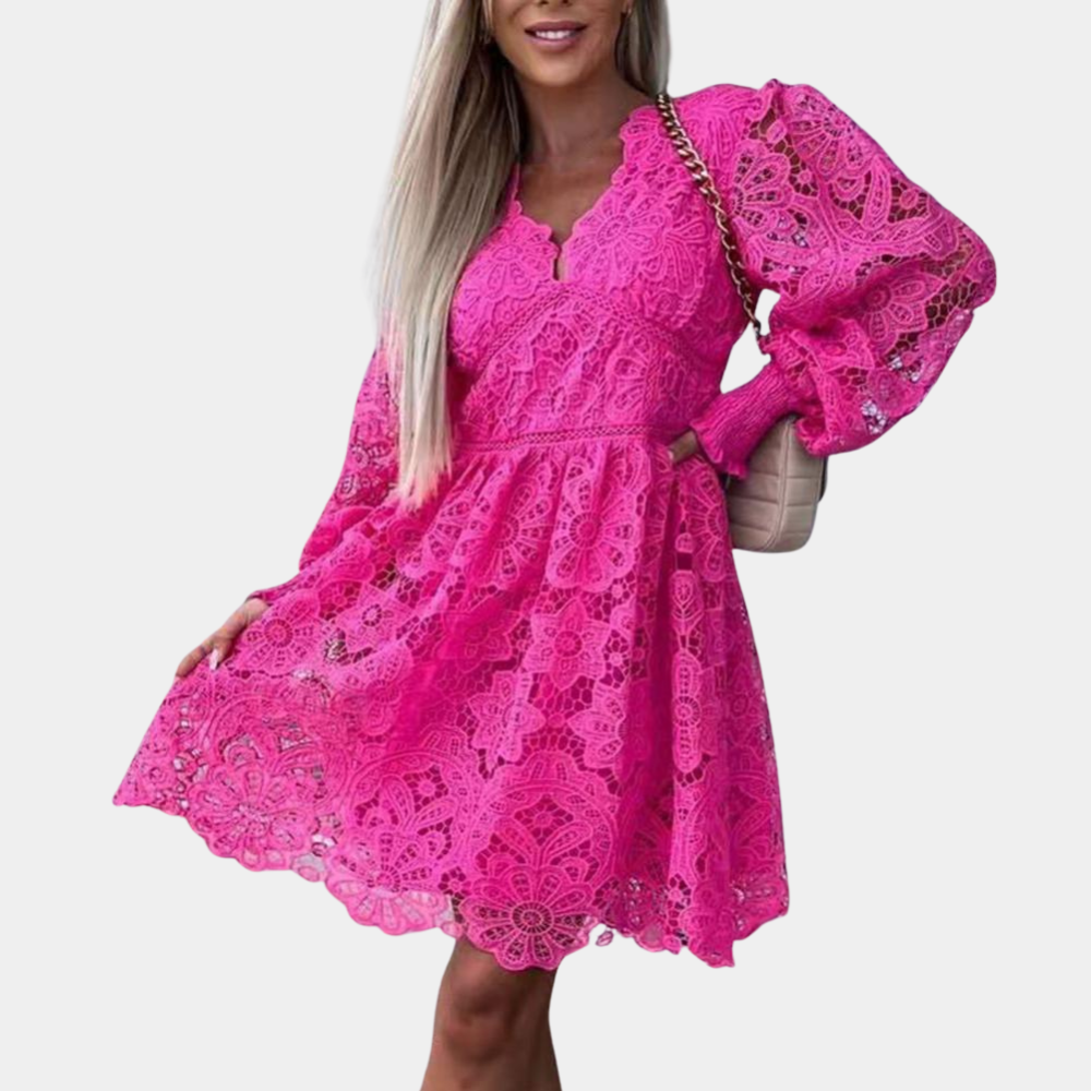 Women's floral lace V-neck midi dress with long sleeves in elegant ivory, perfect for summer.