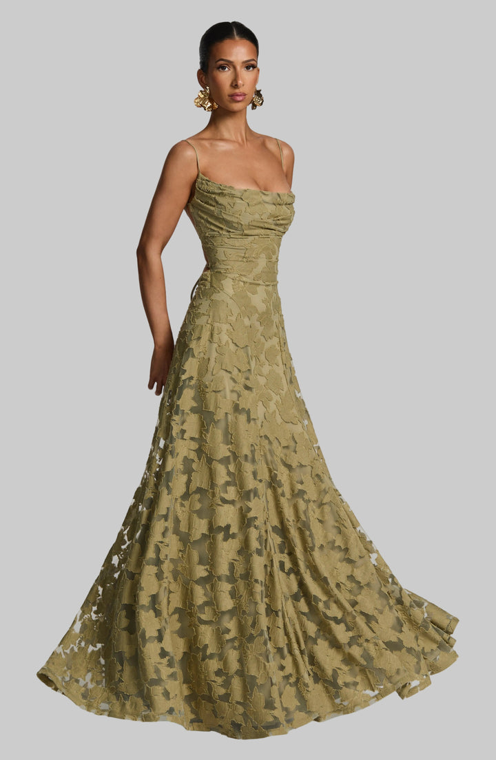 Women's floral maxi dress with elegant waterfall neckline and chic lace-up back, perfect for summer parties.