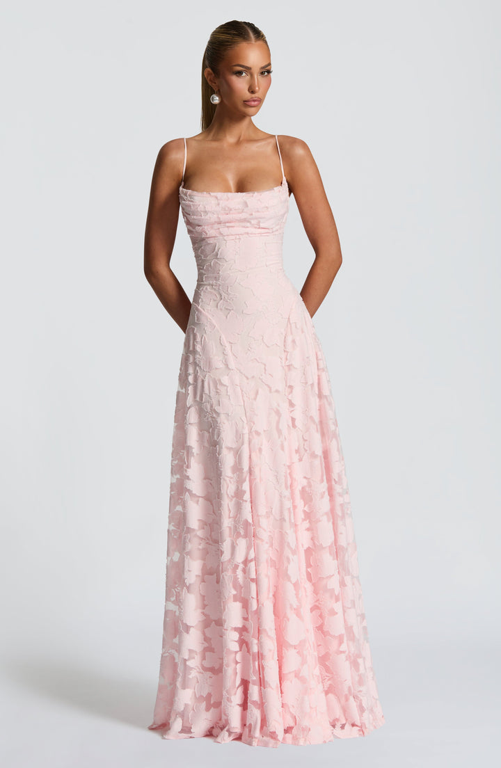 Elegant women's A-line floral maxi dress with a stunning waterfall neckline & chic lace-up back.