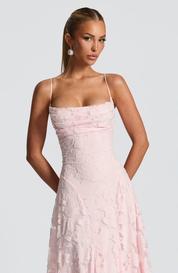 Beautiful women's floral maxi dress, sleeveless, with waterfall neckline and lace-up back design.