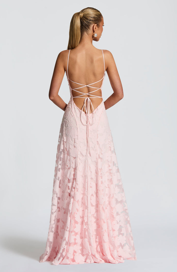 Women's elegant floral maxi dress for special occasions, featuring a waterfall neck & lace-up back.