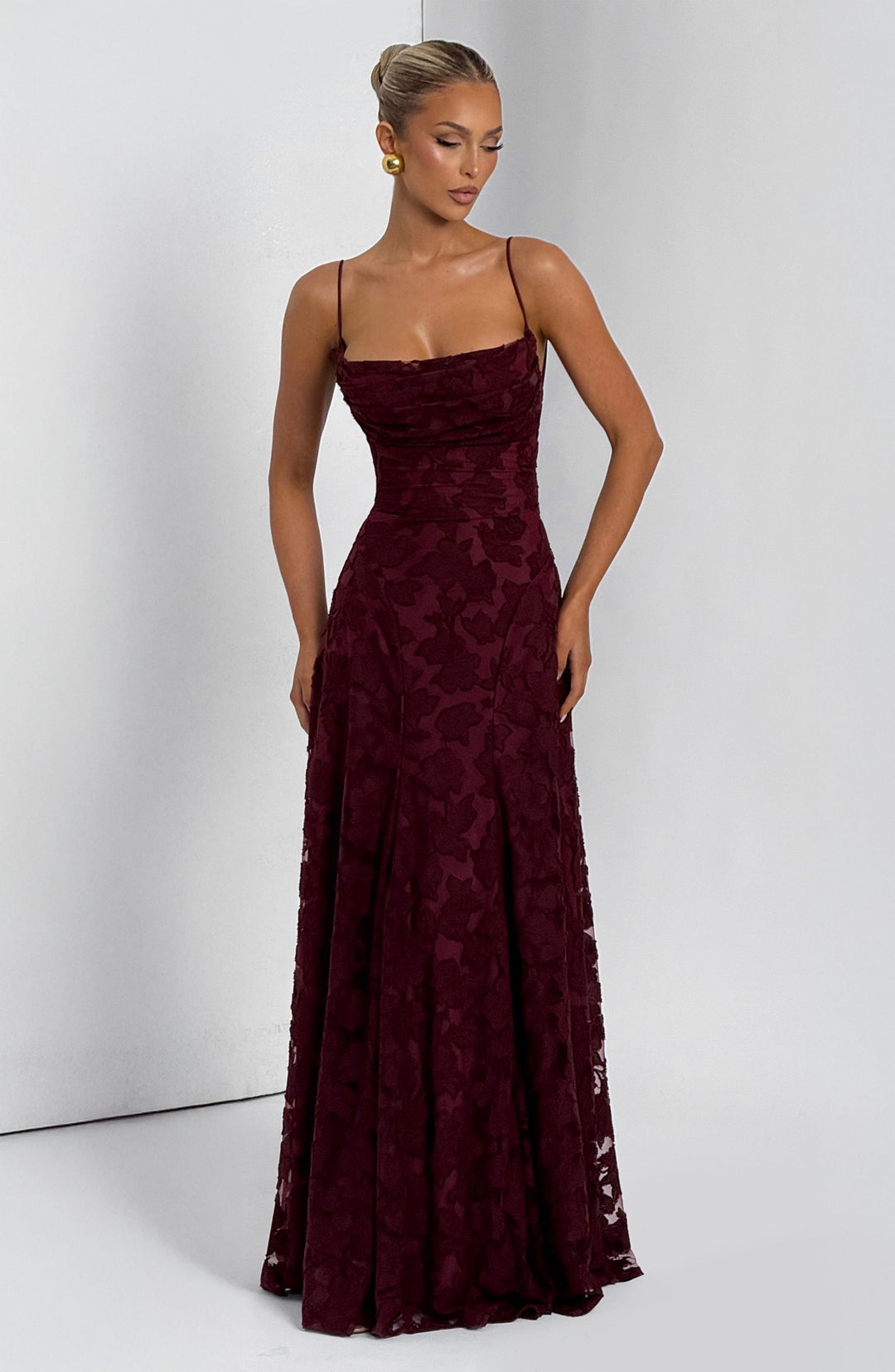 Gorgeous women's floral summer evening maxi dress, sleeveless, with a sophisticated waterfall neckline.