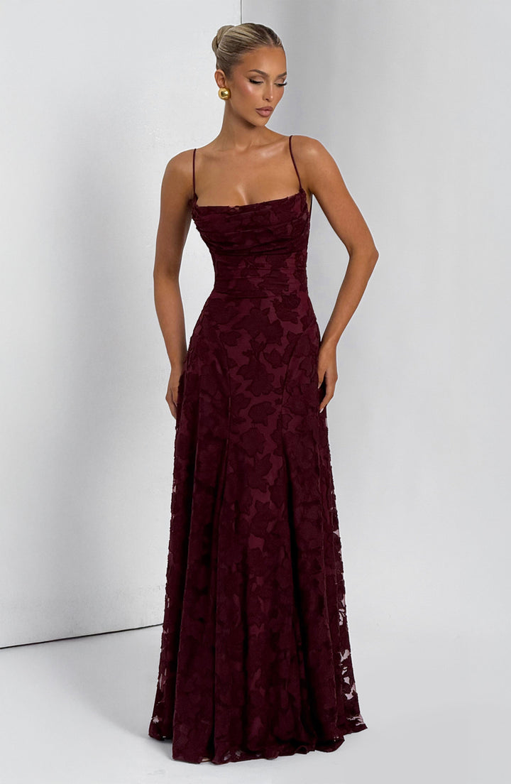 Gorgeous women's floral summer evening maxi dress, sleeveless, with a sophisticated waterfall neckline.
