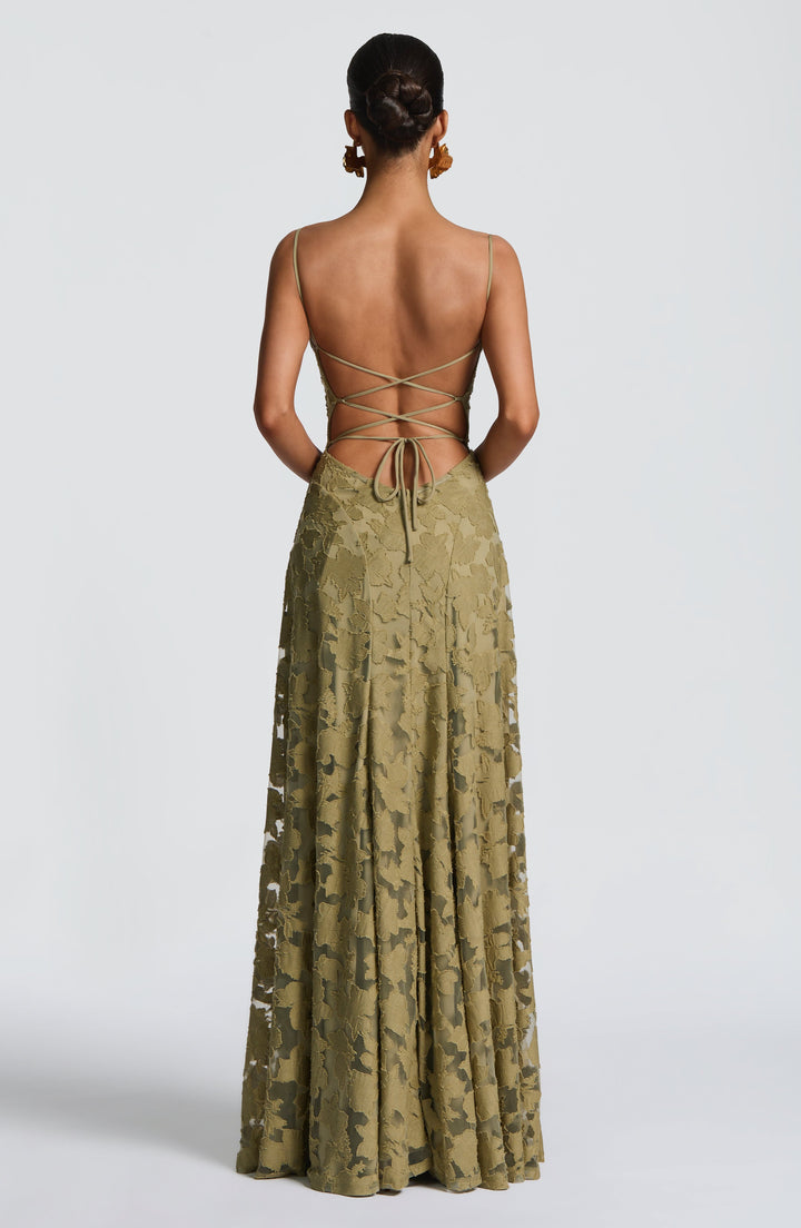 Elegant women's maxi dress featuring a beautiful waterfall neckline and stylish lace-up back design.